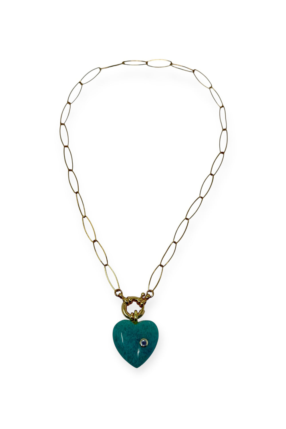Green Aventurine and Topaz Heart on 14K Gold Filled Elongated Cable Chain with Sailor Clasp
