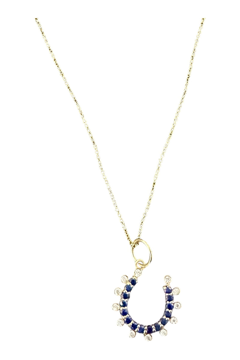 14K Gold Vermeil Sapphire & Moissanite Horseshoe Charm on 14K Gold Filled Adjustable Chain