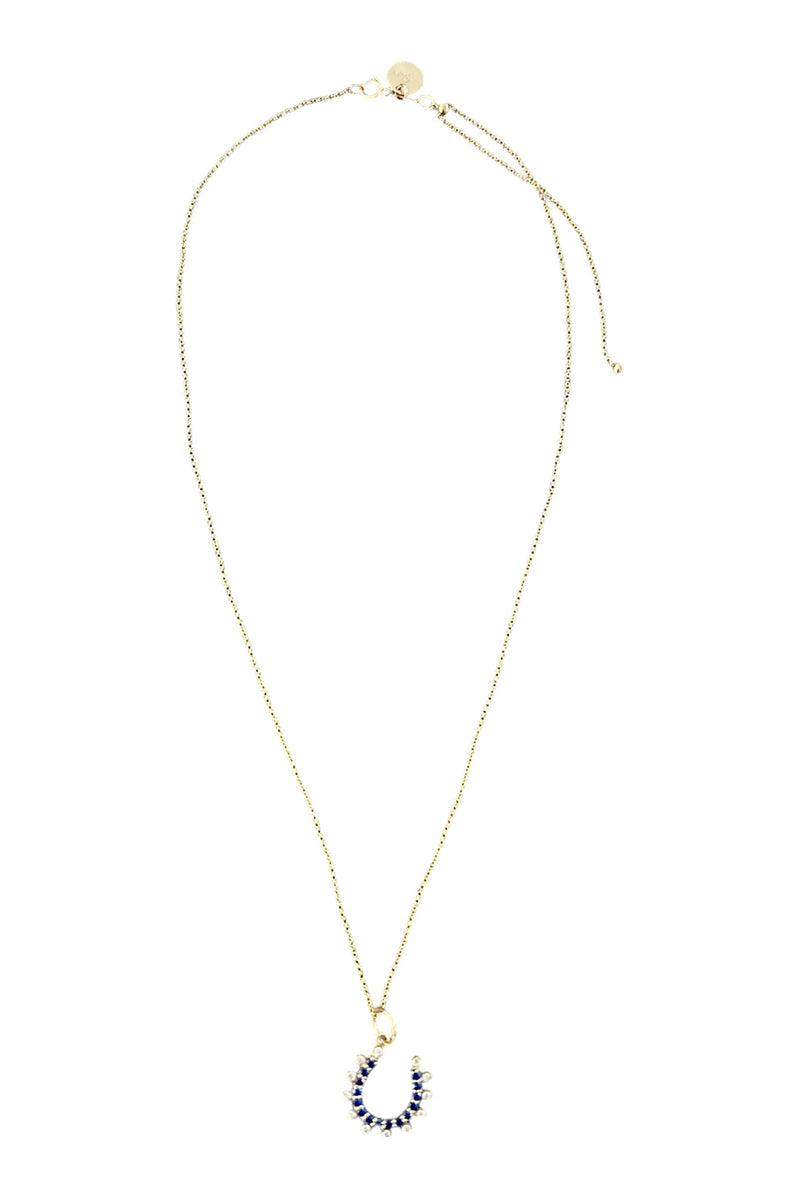 14K Gold Vermeil Sapphire & Moissanite Horseshoe Charm on 14K Gold Filled Adjustable Chain