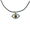 Gold Vermeil, Turquoise, Ruby and Diamond Evil Eye on Multi-Colored Silk Cord