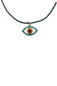 Gold Vermeil, Turquoise, Ruby and Diamond Evil Eye on Multi-Colored Silk Cord