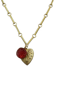 14K gold vermeil bar chain with carved pink tourmaline, and gold filled etched heart
