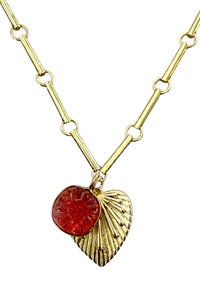 14K gold vermeil bar chain with carved pink tourmaline, and gold filled etched heart