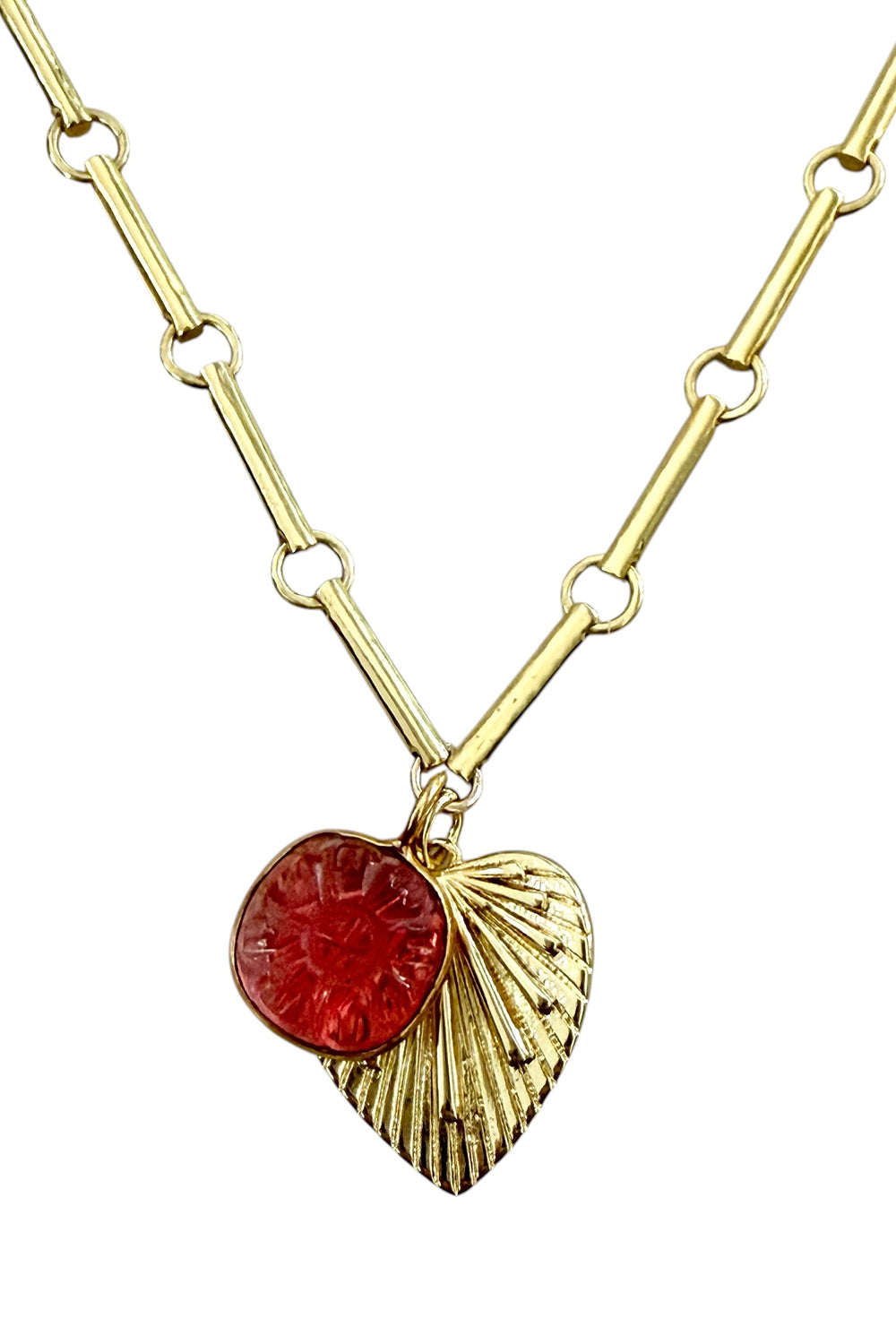 14K gold vermeil bar chain with carved pink tourmaline, and gold filled etched heart