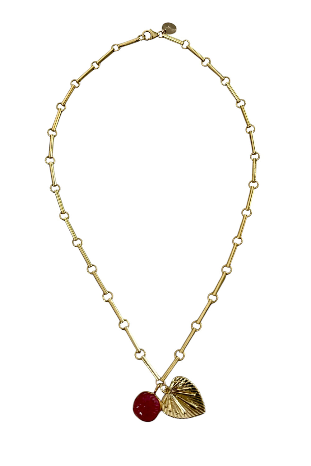 14K gold vermeil bar chain with carved pink tourmaline, and gold filled etched heart