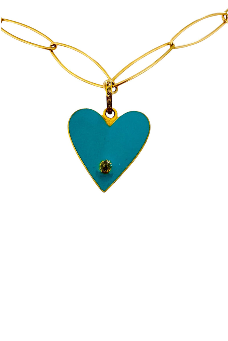 14K Gold Filled Oval Chain with Gold Vermeil, Turquoise Enamel & Pave Diamond Heart