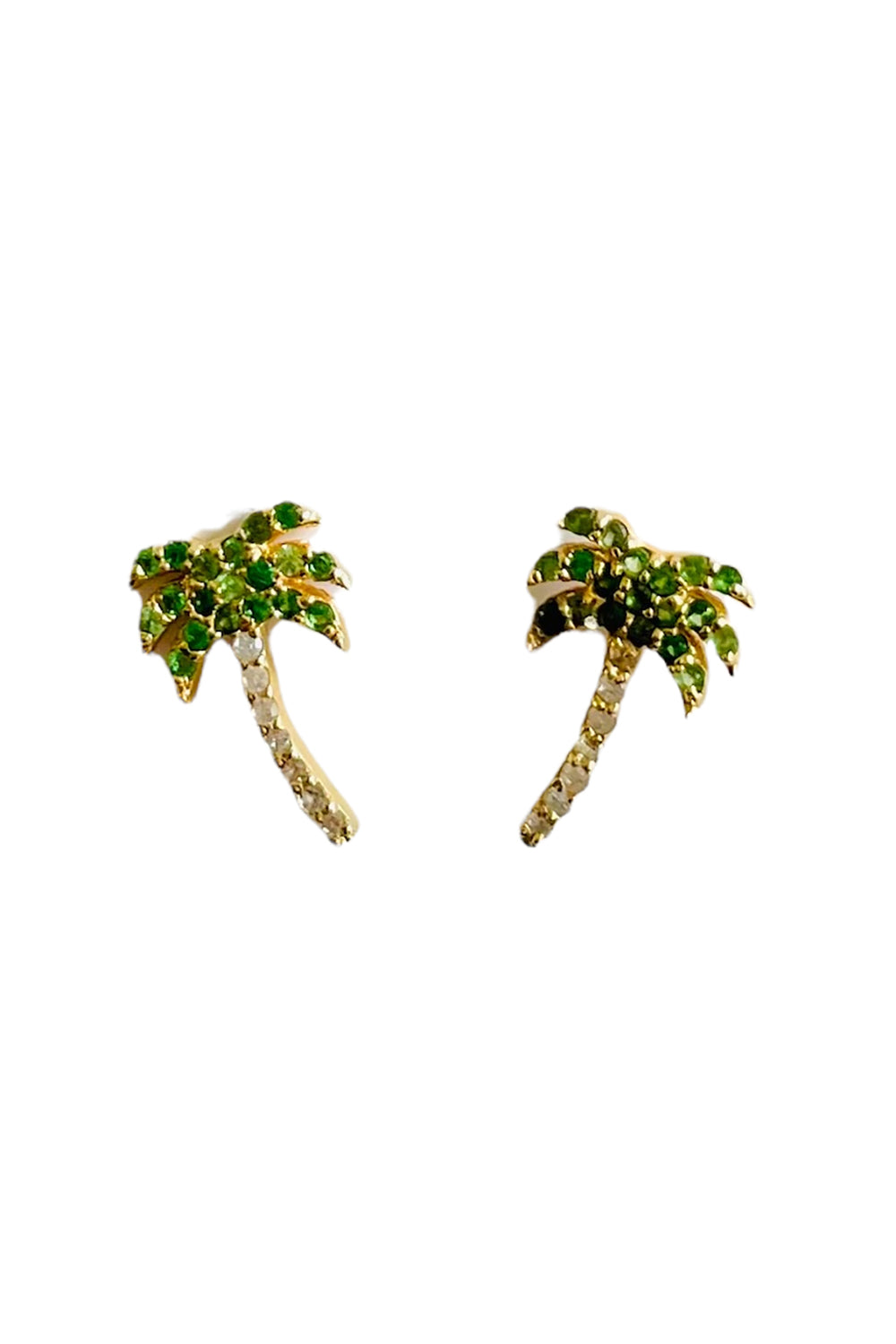 14K gold vermeil palm tree earrings with pave diamonds and tsavorite