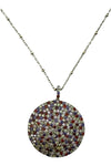Necklace of pave diamond and gemstone pendant on two tone silver and gold bead chain