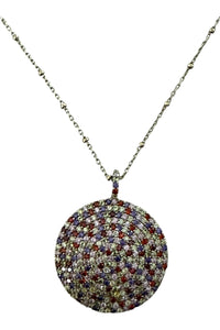 Necklace of pave diamond and gemstone pendant on two tone silver and gold bead chain