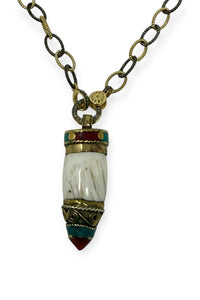 Textured Gold Vermeil and Silver Chain with Pave Diamond Lobster Clasp, with White Turquoise and Carnelian Pendant