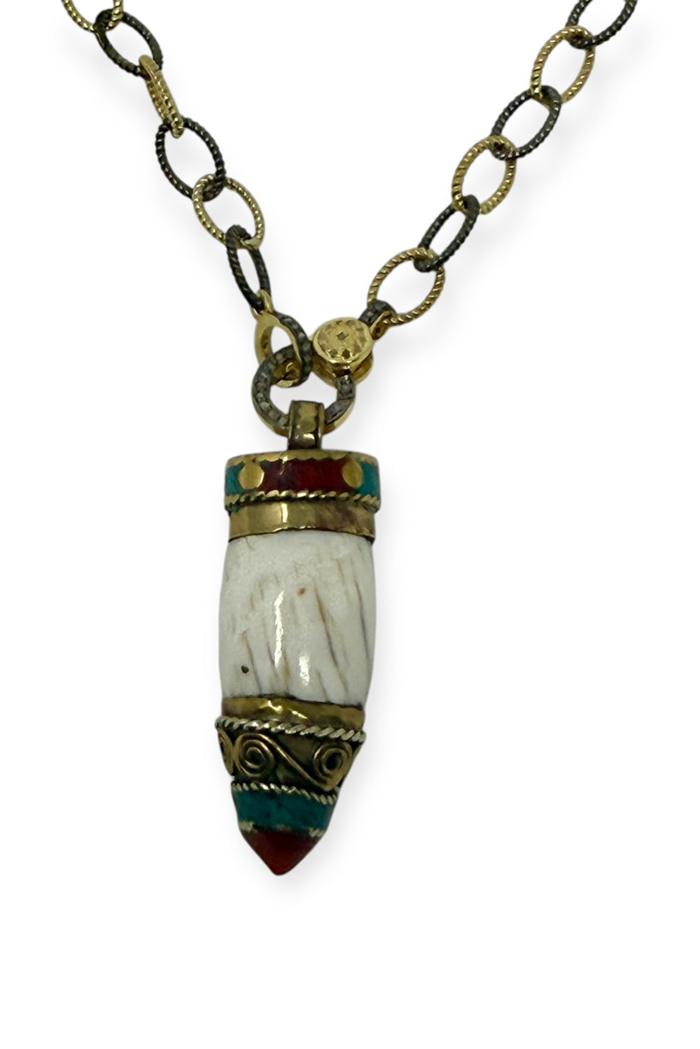 Textured Gold Vermeil and Silver Chain with Pave Diamond Lobster Clasp, with White Turquoise and Carnelian Pendant