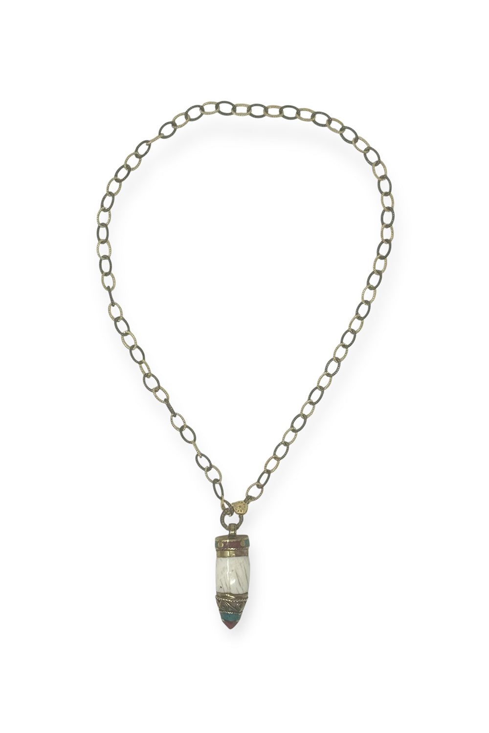 Textured Gold Vermeil and Silver Chain with Pave Diamond Lobster Clasp, with White Turquoise and Carnelian Pendant