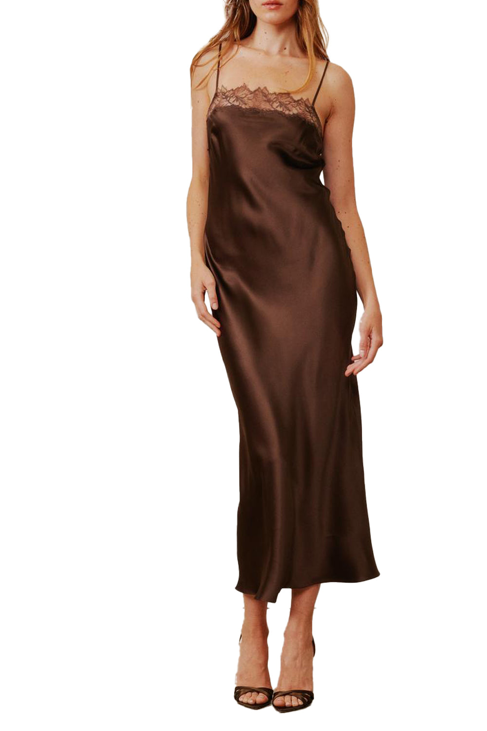Chloe Bias Cut Square Neck Dress in Swiss Brown