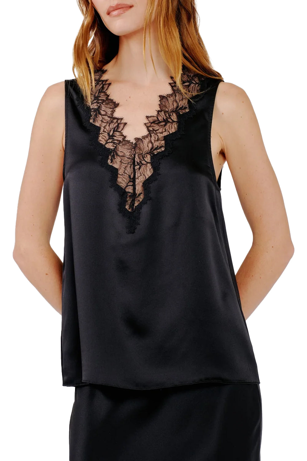 Mazzy V-Neck Lace Tank in Black