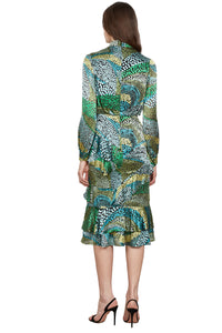 Isa Ruffle Dress in Wavy Dotty Satin Jungle