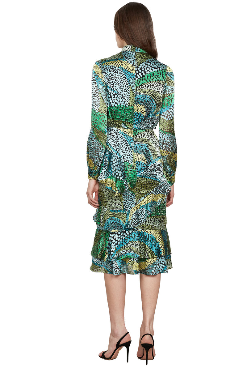 Isa Ruffle Dress in Wavy Dotty Satin Jungle
