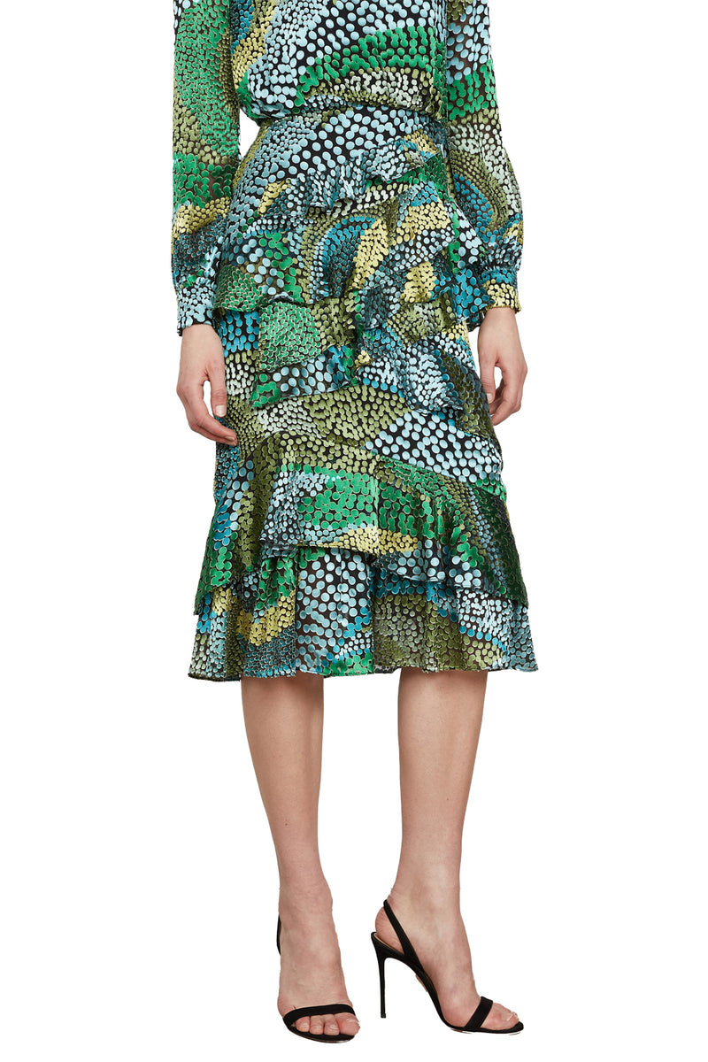 Isa Ruffle Dress in Wavy Dotty Satin Jungle
