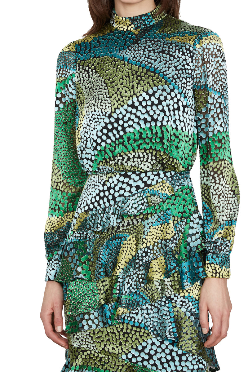 Isa Ruffle Dress in Wavy Dotty Satin Jungle