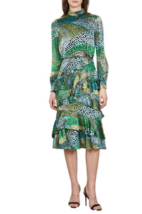 Isa Ruffle Dress in Wavy Dotty Satin Jungle