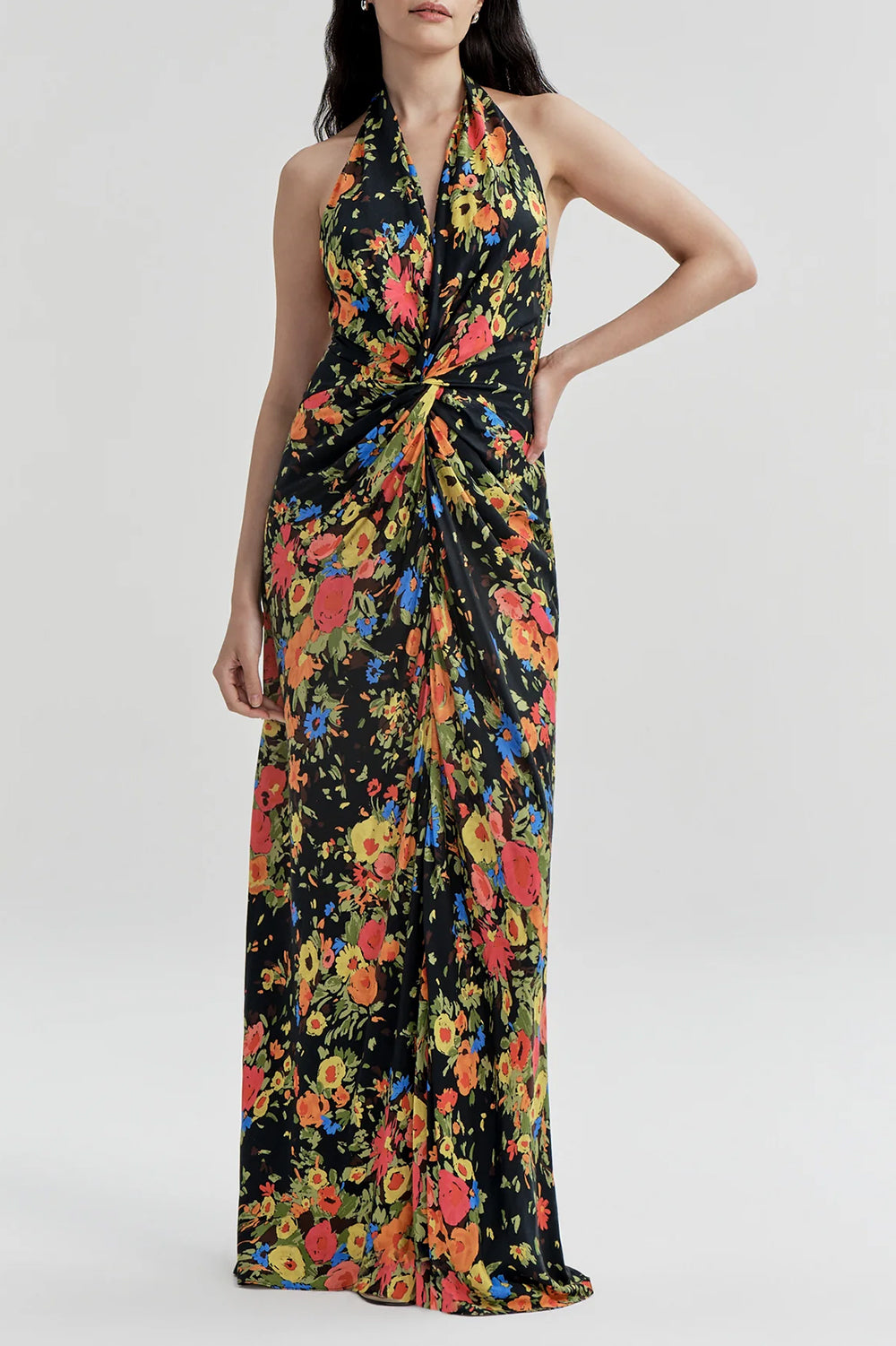 Mabel Floral Satin Gown in Black/Persimmon
