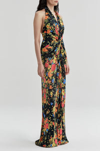 Mabel Floral Satin Gown in Black/Persimmon