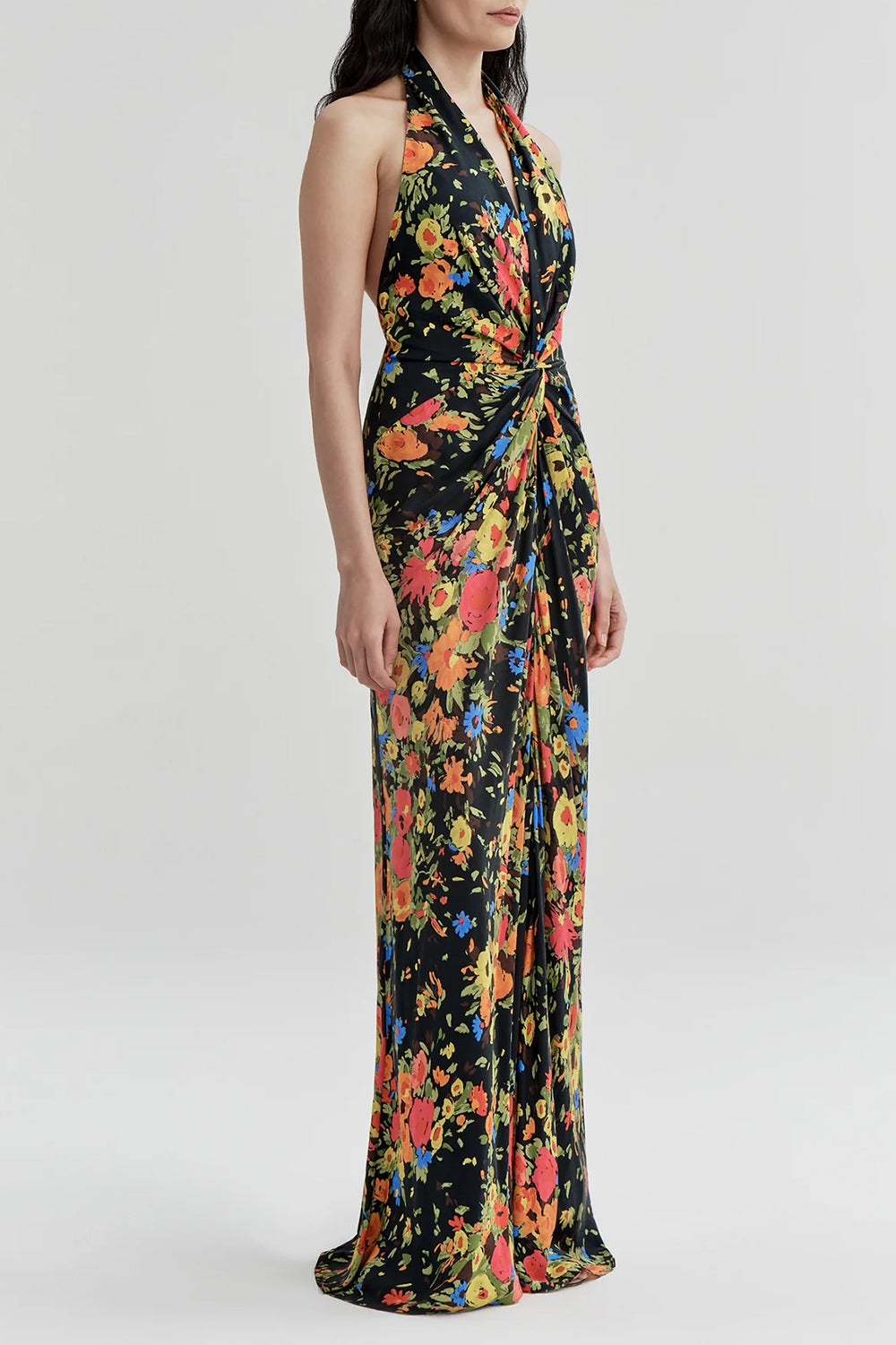 Mabel Floral Satin Gown in Black/Persimmon