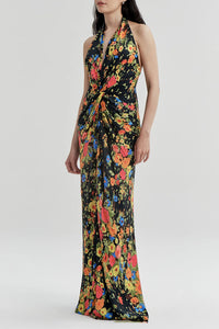 Mabel Floral Satin Gown in Black/Persimmon