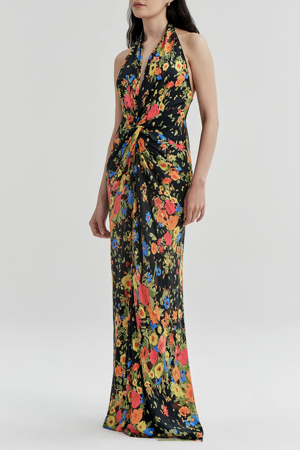 Mabel Floral Satin Gown in Black/Persimmon
