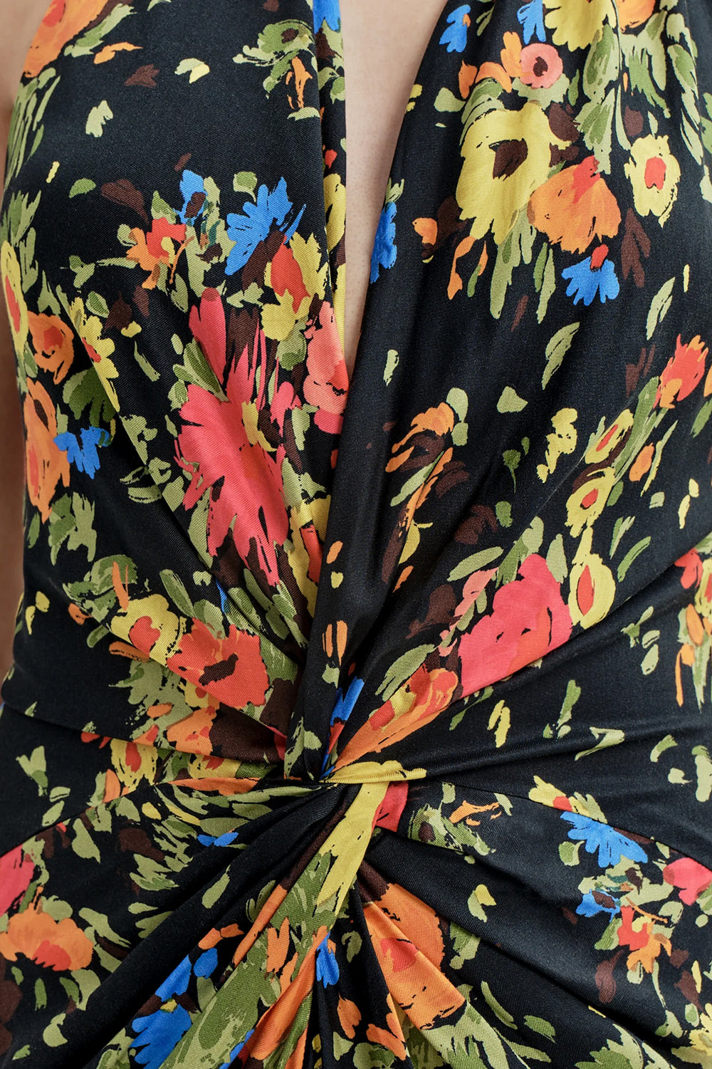 Mabel Floral Satin Gown in Black/Persimmon