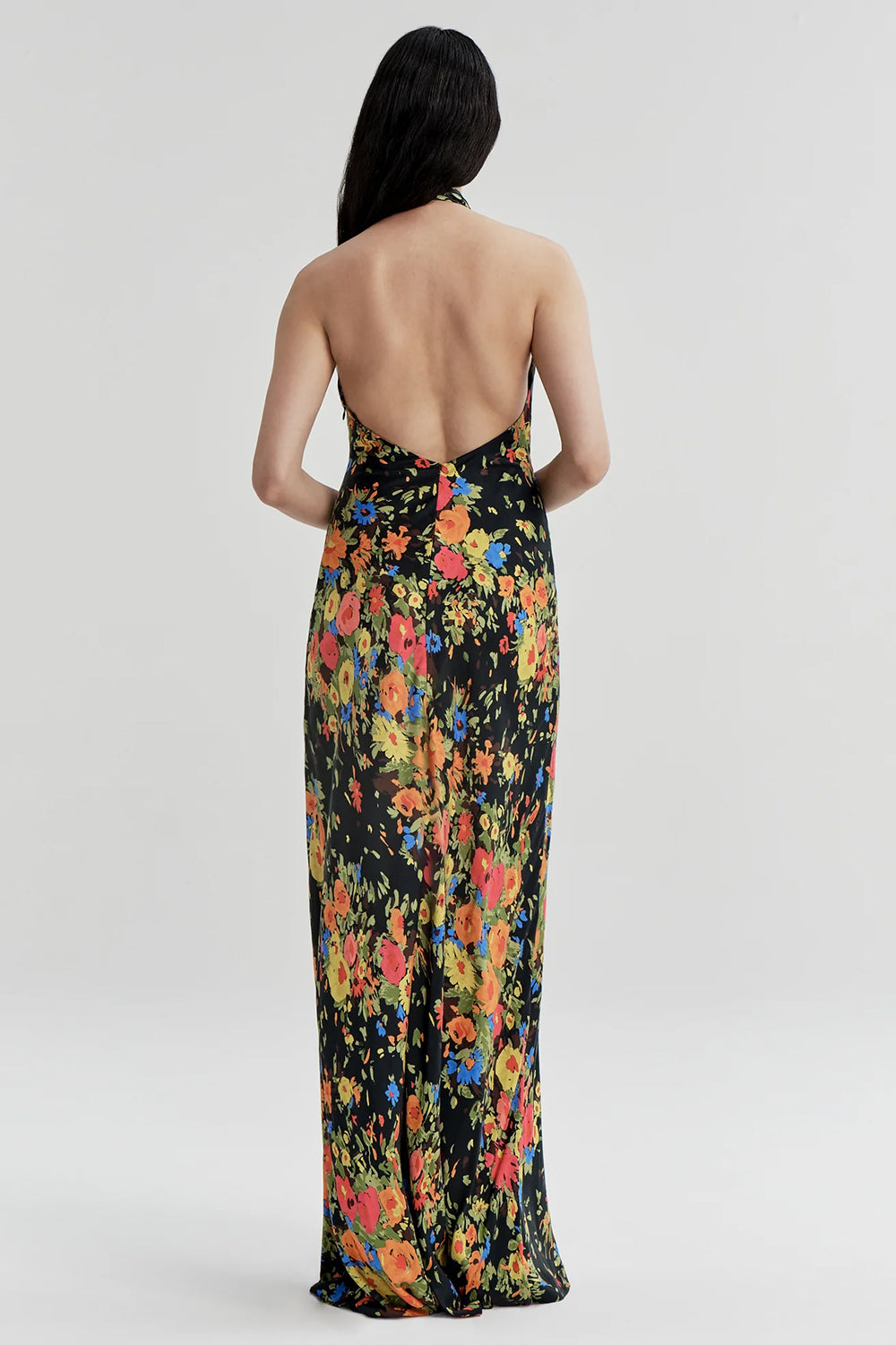 Mabel Floral Satin Gown in Black/Persimmon