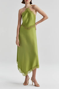 Lucia Satin and Lace Midi Dress in Peridot/Peridot