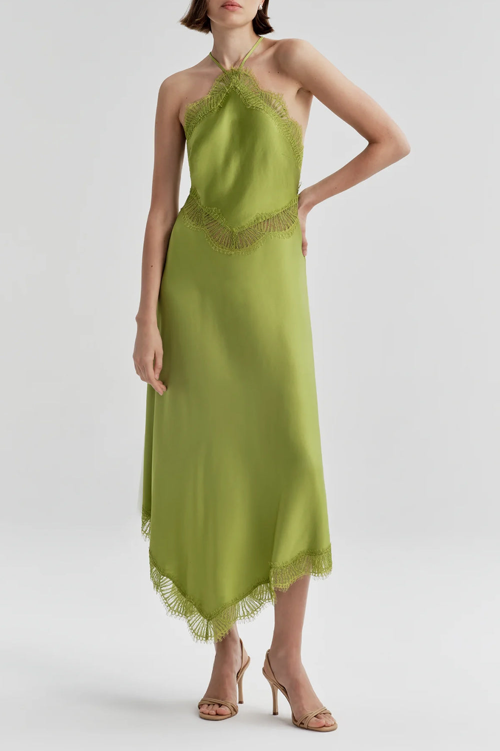 Lucia Satin and Lace Midi Dress in Peridot/Peridot