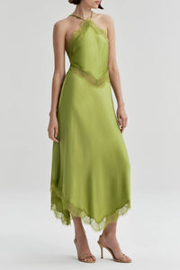 Lucia Satin and Lace Midi Dress in Peridot/Peridot
