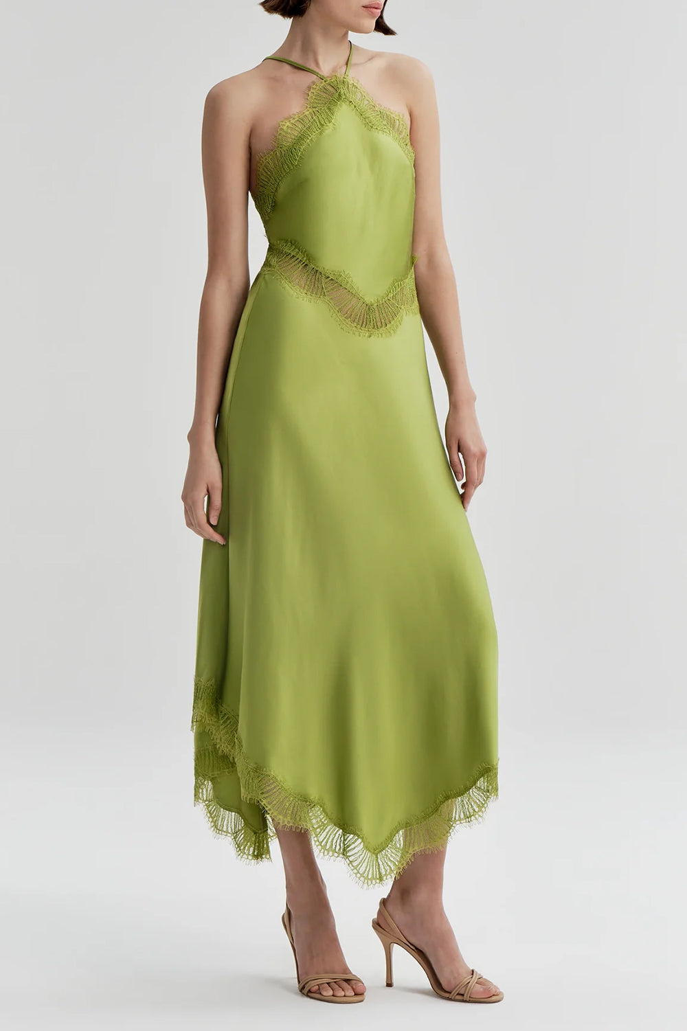 Lucia Satin and Lace Midi Dress in Peridot/Peridot