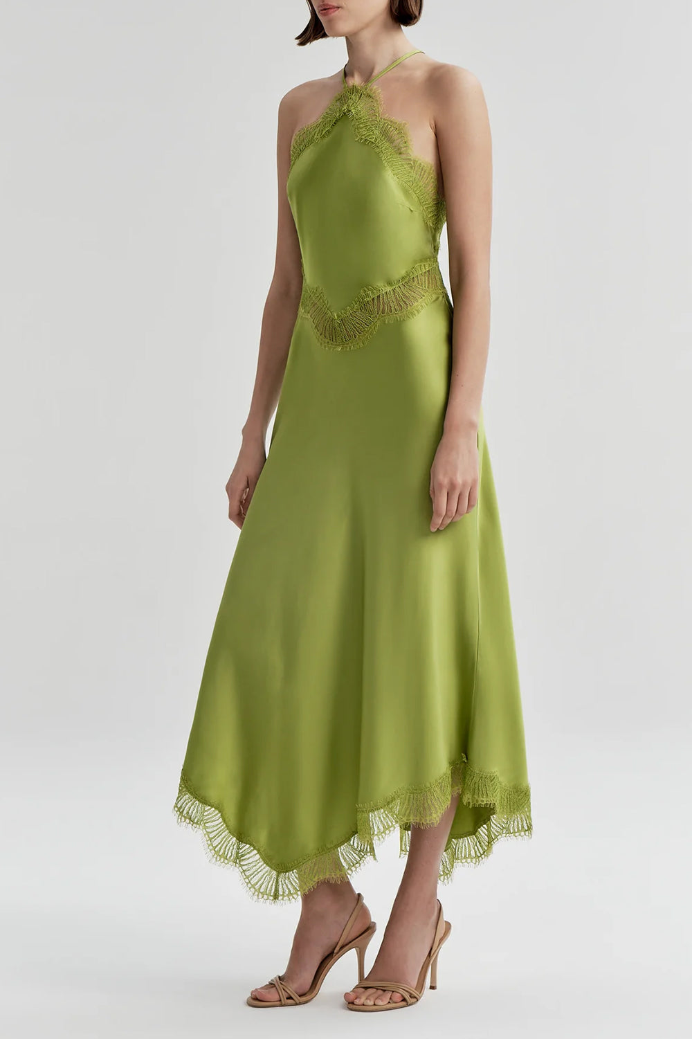 Lucia Satin and Lace Midi Dress in Peridot/Peridot