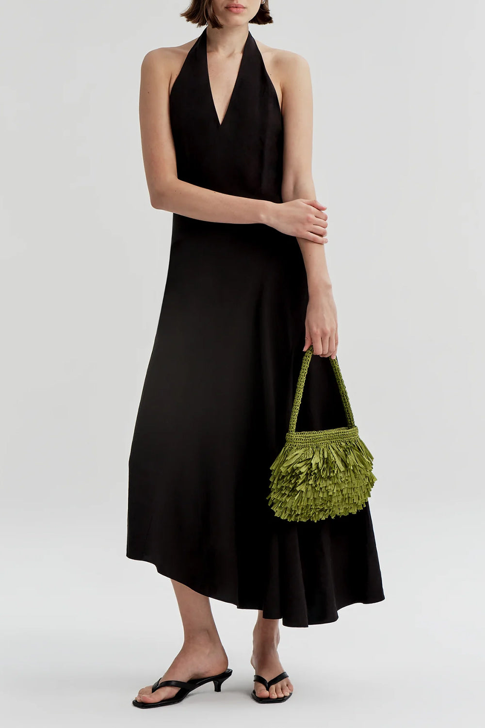 Celina Linen Halter Midi Dress in Black