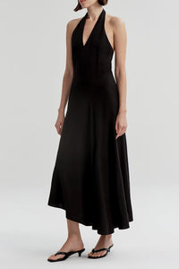 Celina Linen Halter Midi Dress in Black