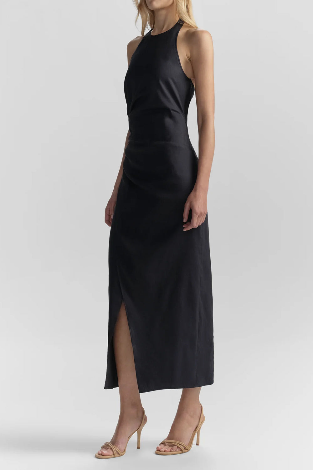 Sylvie Linen Midi Halter Dress in Night Blue