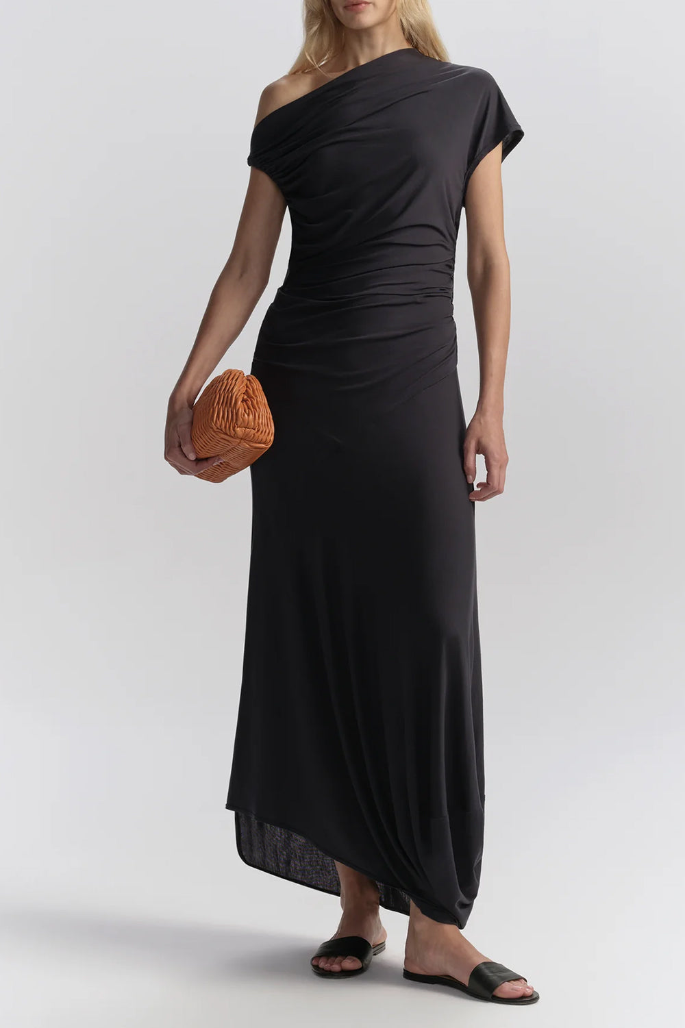 Halle One Shoulder Jersey Midi Dress in Night Blue