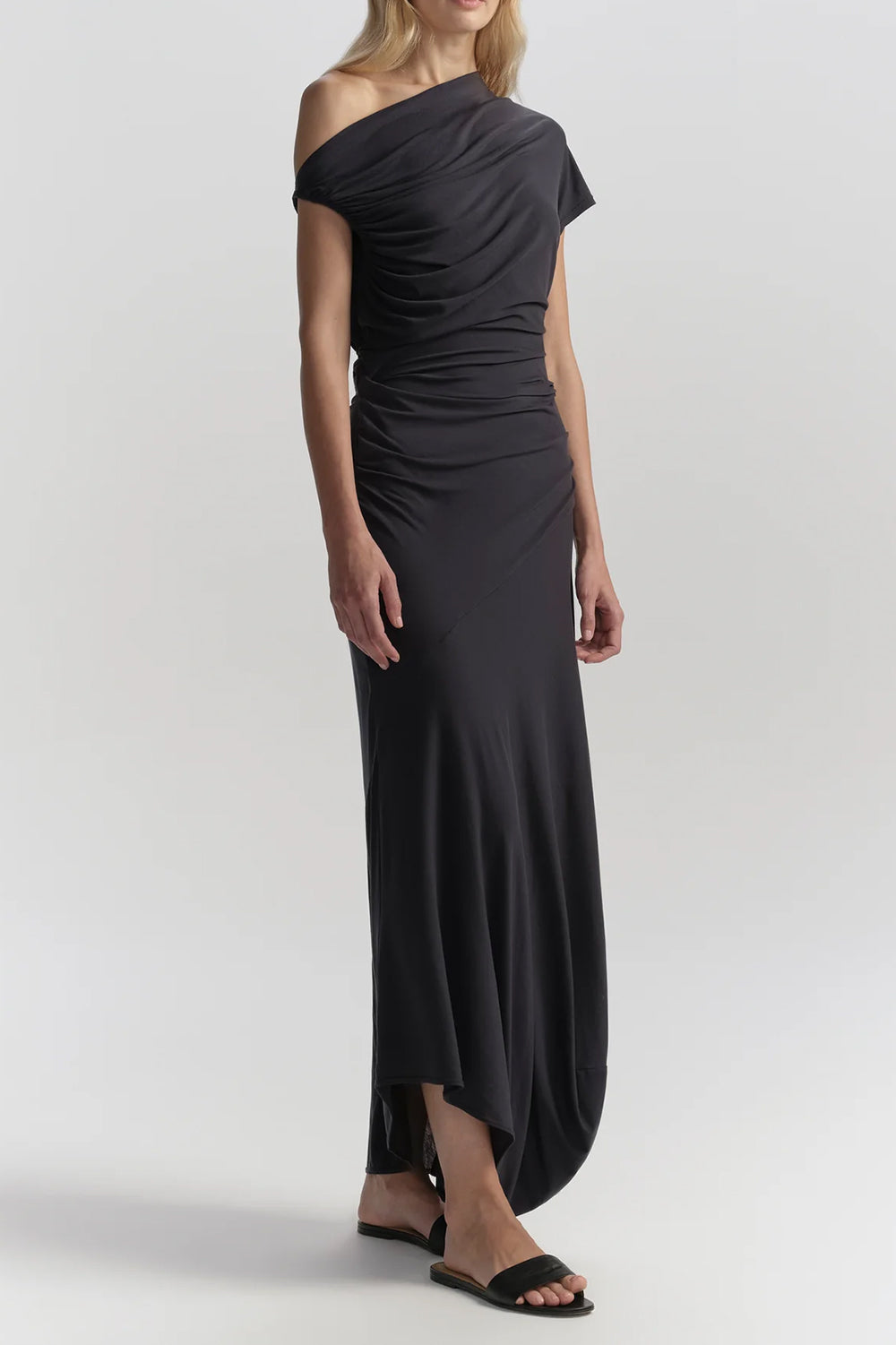 Halle One Shoulder Jersey Midi Dress in Night Blue