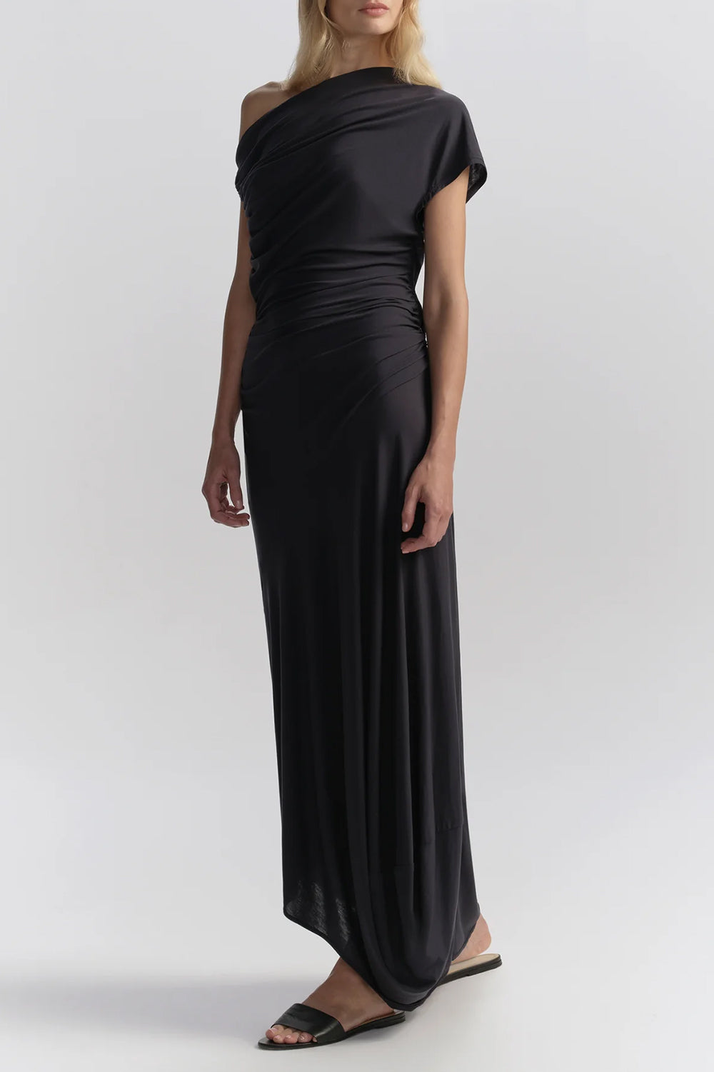 Halle One Shoulder Jersey Midi Dress in Night Blue