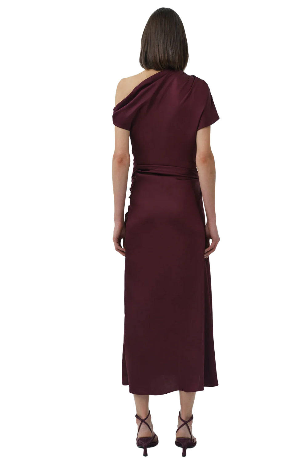 Joanna Off Shoulder Satin Midi Dress in Fig
