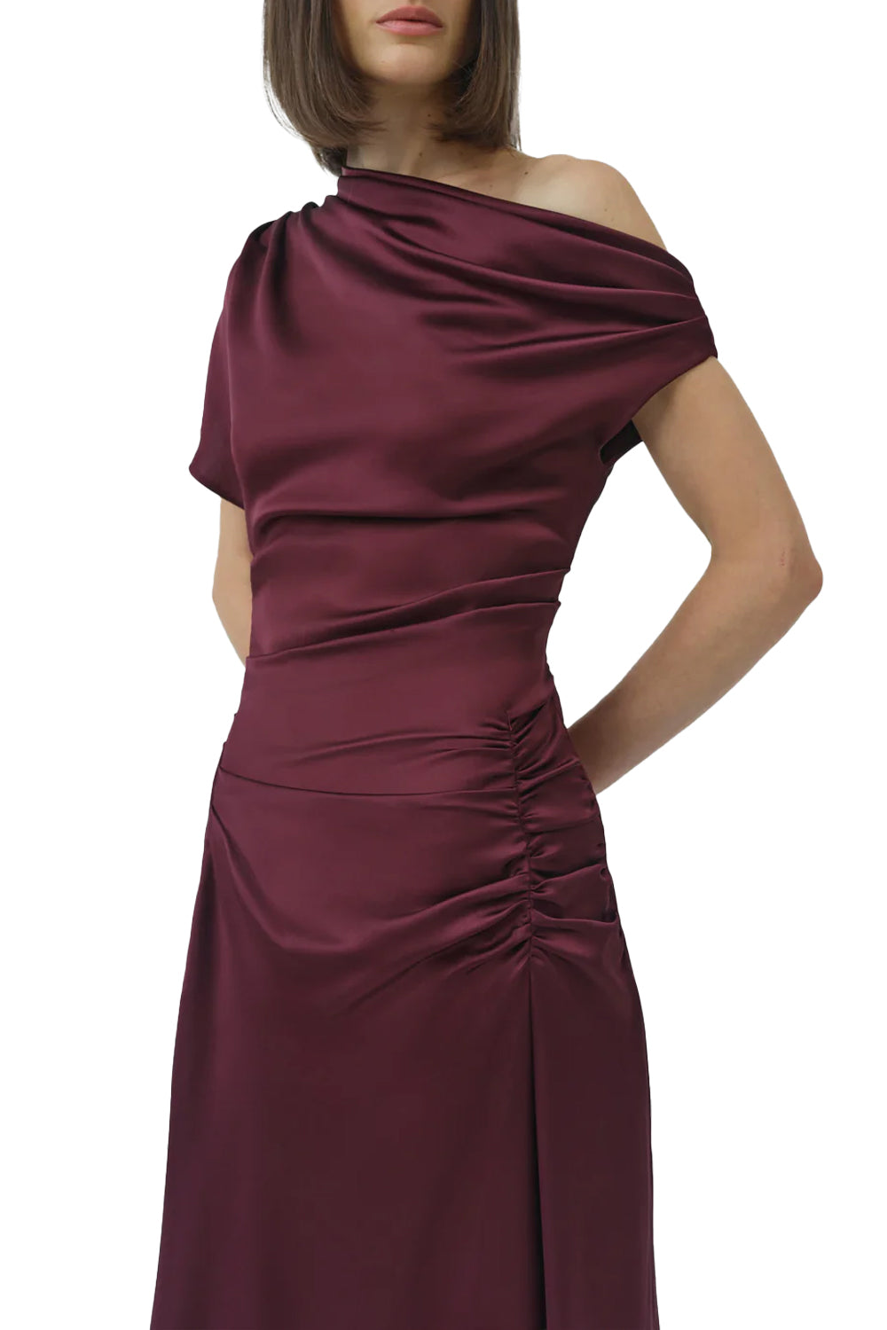 Joanna Off Shoulder Satin Midi Dress in Fig