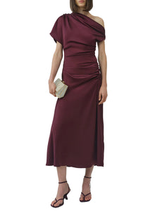 Joanna Off Shoulder Satin Midi Dress in Fig