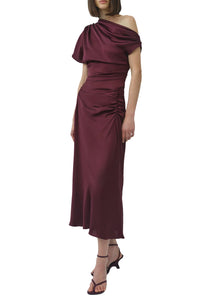 Joanna Off Shoulder Satin Midi Dress in Fig