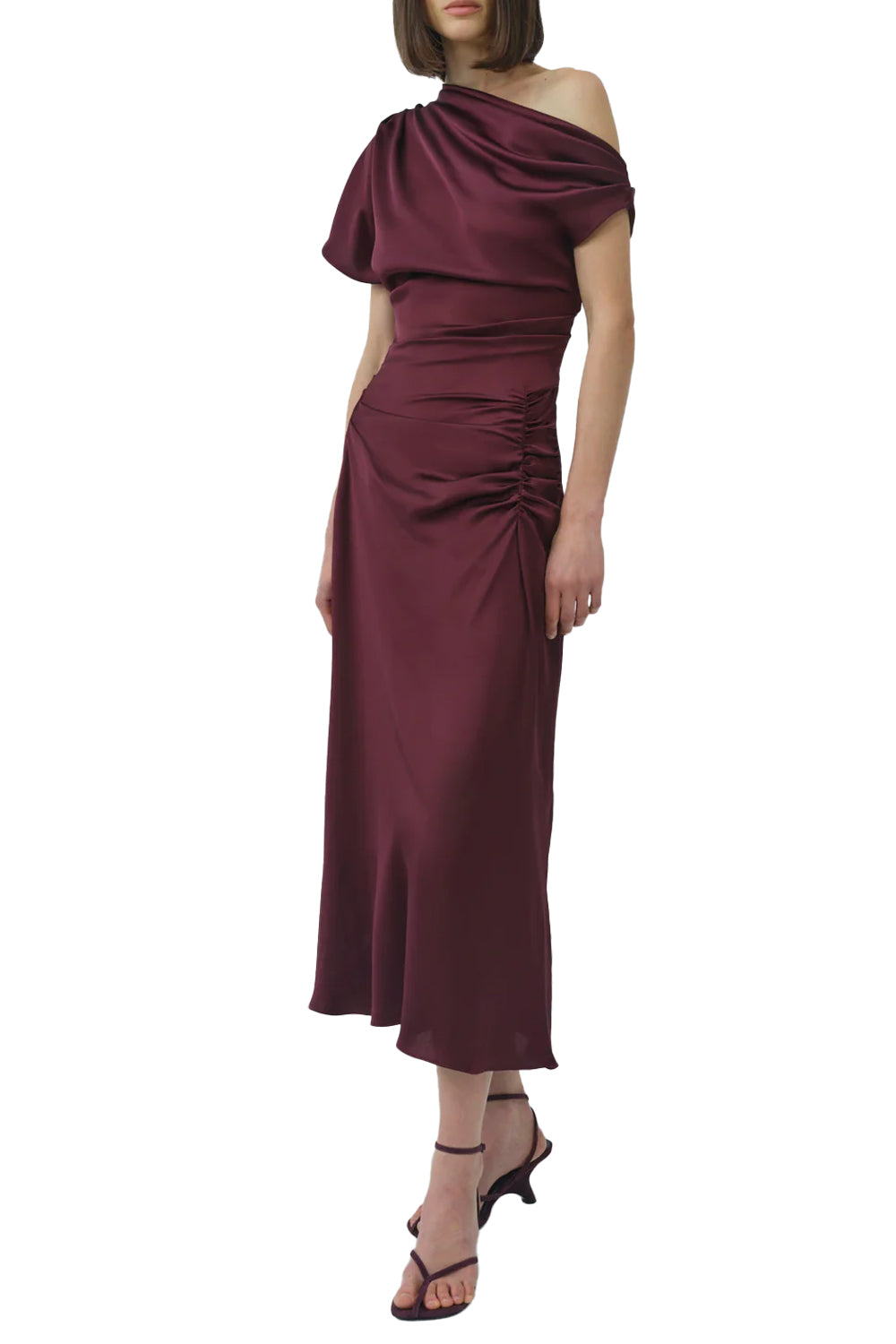Joanna Off Shoulder Satin Midi Dress in Fig