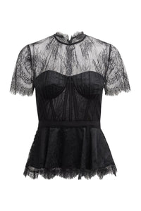 Kehlani Lingerie Lace Short Sleeve Bustier Top in Black