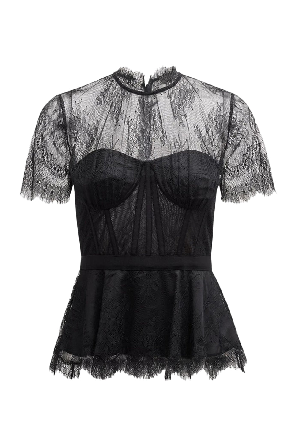 Kehlani Lingerie Lace Short Sleeve Bustier Top in Black