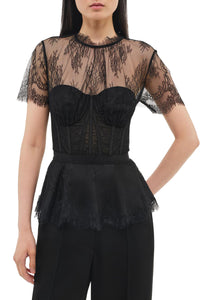 Kehlani Lingerie Lace Short Sleeve Bustier Top in Black