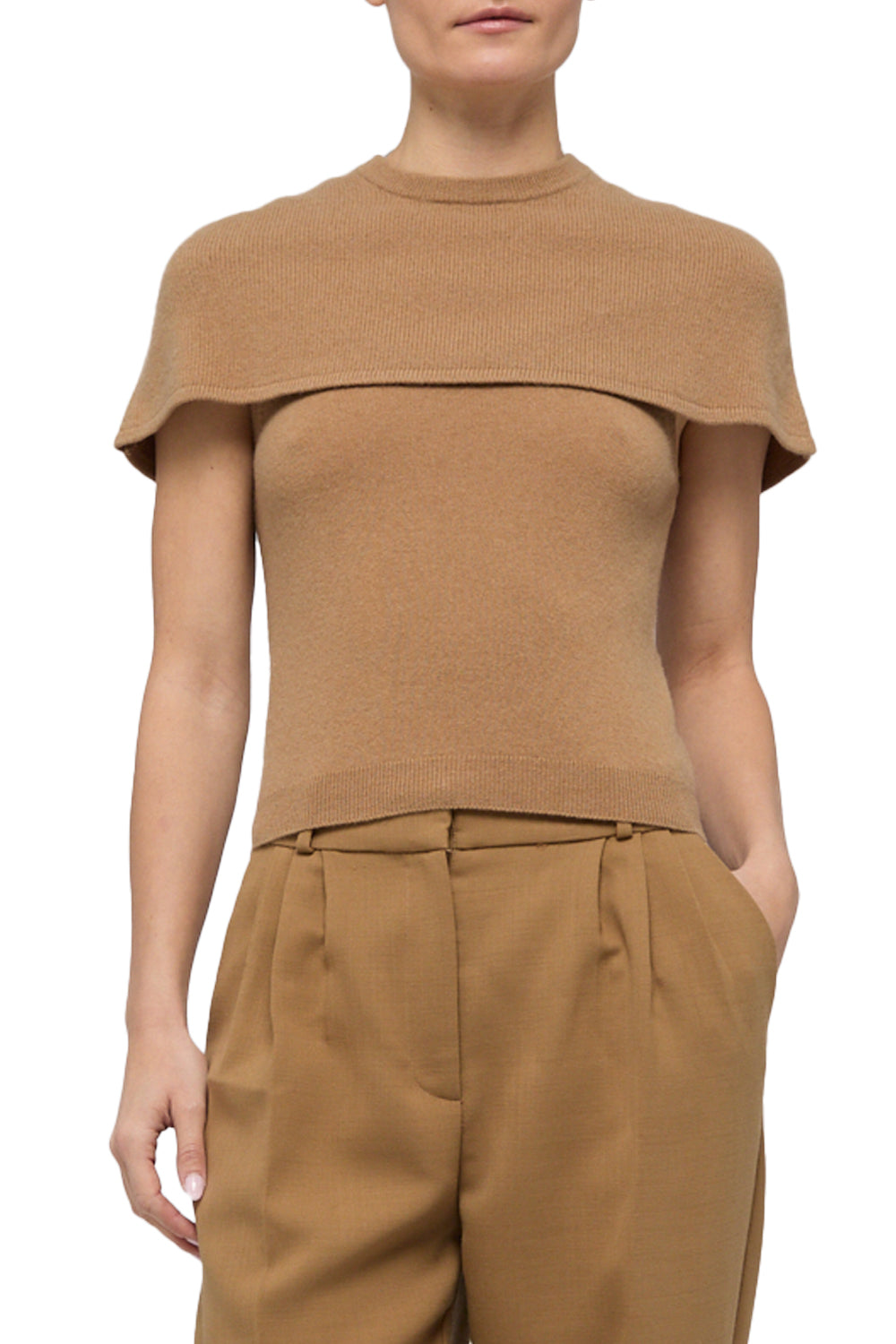 Yuki Cashmere Short Sleeve Cape Top in Camel